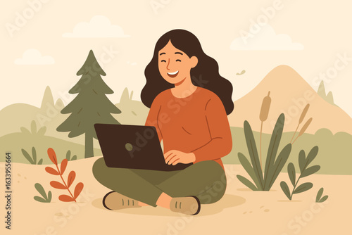 Woman remote working outdoors with laptop in nature, freelance work from anywhere concept, lifestyle balance, digital nomad, peaceful outdoor workspace, serene mountains and greenery