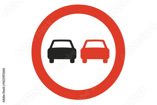 No overtaking traffic sign vector. Red circle auto road sign. Black and red cars side by side. Traffic regulation prohibition symbol. European driving law. Highway safety. Isolated illustration PNG.