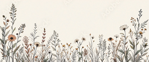 Luxury botanical background with trendy wildflowers and minimalist flowers for wall decoration or wedding. Hand drawn line herb, elegant leaves for invitation save the date card. Botanical rustic