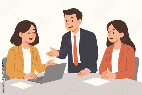 Office people talking and collaborating, group of three coworkers discussing work and business together, teamwork and employee communication concept, flat vector illustration