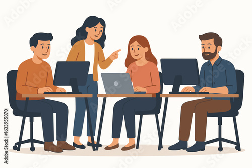 Teamwork and Collaboration in Modern Office—Four Business Professionals in Casual Attire Engaged at Computers and Laptops, Discussing Projects, Flat Vector Illustration, Workplace Diversity