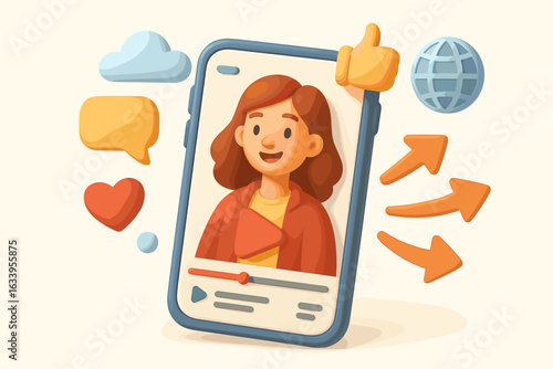 Viral video on smartphone, social media influencer, 3D cartoon style phone illustration, online video sharing, vlog concept, internet fame, vector art, mobile technology, digital communication