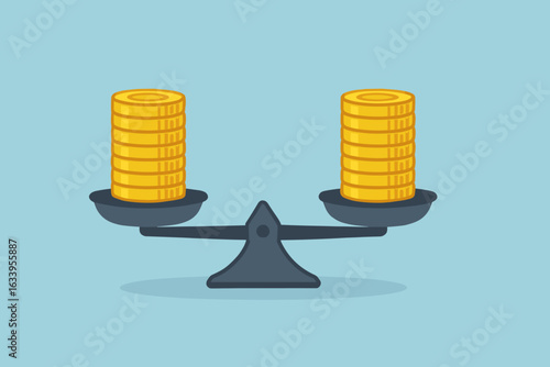 Balanced Money on Weight Scale Illustration, Equal Amount of Coins Measured, Financial Stability Concept, Business Economy Balance, Flat Design Animation Vector