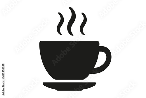 Hot steaming coffee cup icon, beverage mug silhouette, black vector illustration, tea or espresso symbol with saucer, minimalistic coffee shop label, breakfast drink logo, transparent background