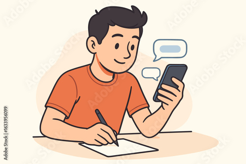 Man texting on smartphone while writing on paper, multitasking in modern workspace, chatting and messaging, boy in orange t-shirt, communication, studying, cartoon vector illustration, technology