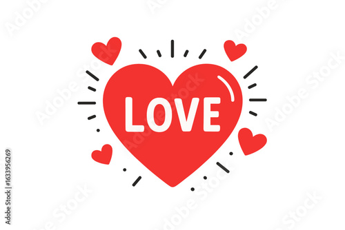 Love heart vector illustration with word love, romantic red hearts, Valentine’s Day design, cute affection symbol, relationship concept, decorative cartoon style, happiness celebration art