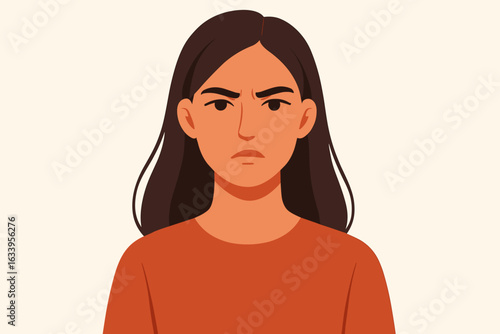 Vector illustration of young woman with long dark hair, wearing orange shirt, upper body portrait, neutral expression, modern flat cartoon style, female character graphic, isolated background