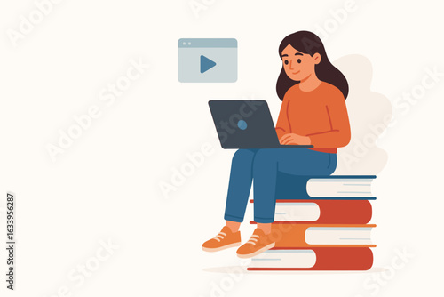 Distance learning student with laptop on stack of books, online education, e-learning platform, woman studying remotely, digital classroom, blended learning, modern educational technology concept