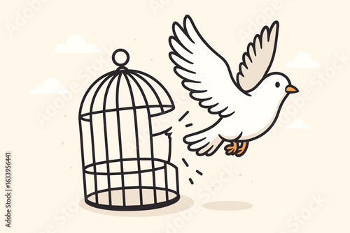 Freedom concept vector illustration. White dove escaping from broken birdcage symbolizing liberation, hope, peace, breaking free from captivity, emancipation, new beginnings, minimal cartoon style