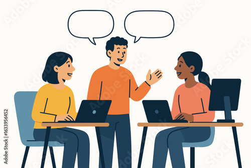 Office teamwork and communication concept with three colleagues discussing ideas and working on computers, flat design vector illustration with speech bubbles and collaboration