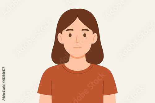 Female avatar illustration, woman upper body, cartoon portrait, casual t-shirt, neutral expression, flat design vector, minimalist female character, light background, generic woman profile art