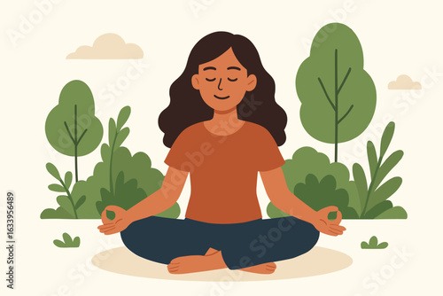 Mindful woman practicing meditation outdoors in nature, sitting in lotus yoga pose, relaxing, feeling calm, peaceful and balanced in park or garden. Serene landscape, wellness and self-care concept