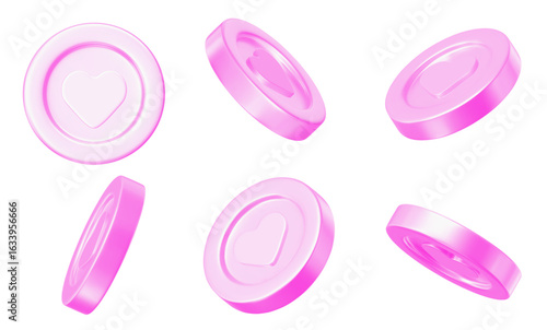 3d set of pink coins with heart, different angles. Stock vector illustration on isolated background.	
