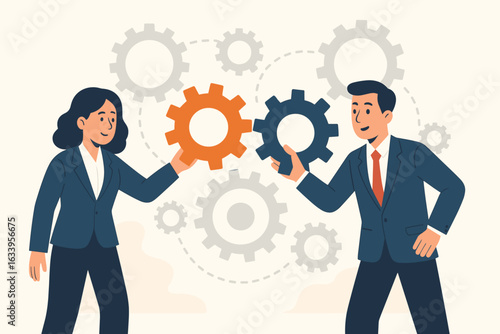 Problem solving and teamwork concept with two businesspeople collaborating over cogwheels and gears machinery, finding efficient solutions for business projects and productivity