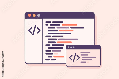 Abstract vector illustration of programming code editor window, software development code on screen, colorful lines, coding workspace, web development UI, flat cartoon, light pink background