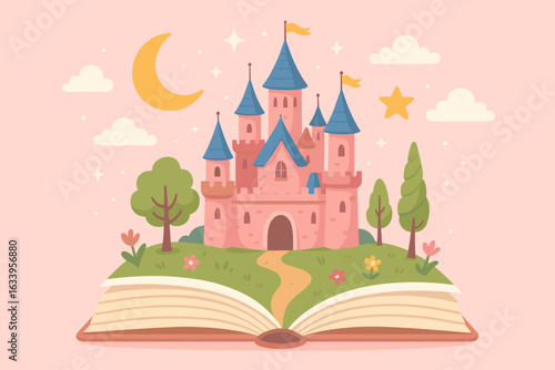 Magical Fairy Tale Castle Popping Out of Open Story Book, Fantasy World Illustration, Enchanted Kingdom, Imagination, Dreamland, Children’s Literature, Whimsical Adventure, Vector Art