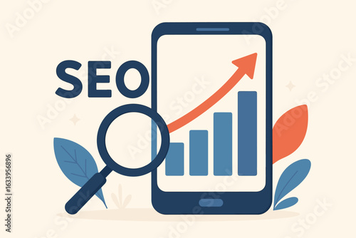 SEO growth concept vector illustration, mobile phone with magnifying glass, upward graph and bar chart, search engine optimization, online success, analytics, business marketing, flat cartoon design