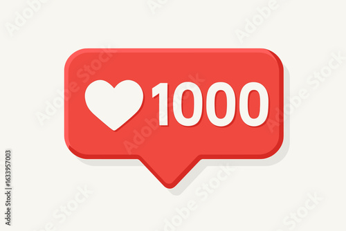 Social media heart symbol with 1000 likes notification, red color flat design vector illustration, cartoon style icon with light background, digital marketing and online engagement concept