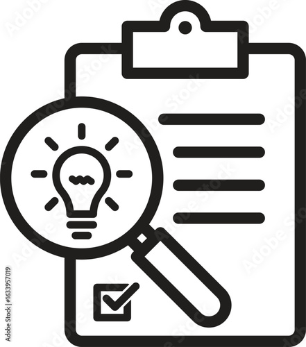 Idea evaluation icon. Paper on clipboard under magnifying glass, Magnifying Glass Analyzing Ideas on Checklist