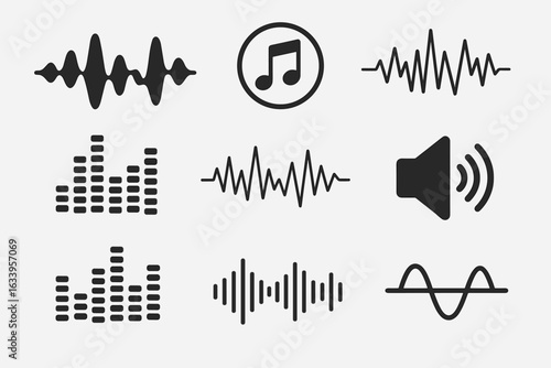 Audio wave vector icons set. Music frequency spectrum, sound waveform, sound wave graph, equalizer symbols, music note, sound level and volume illustration for audio technology design