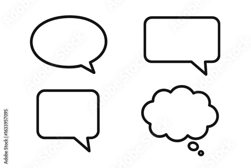 Speech bubble icon set. Comic blank message balloons collection. Dialogue, chat, talk, conversation, textbox, thought cloud, square and oval shapes. Communication symbol. Vector isolated illustration