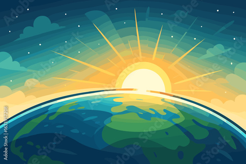 Sunrise Over Earth, Planet Horizon, Sunlight Rays, New Day, Space View, Globe, Atmosphere, Morning Light, Outer Space, Sky, Vector Cartoon Illustration, Cosmic Background, Global Concept
