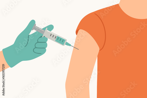 Animated flat vector of vaccine syringe injecting medicine into upper arm, healthcare vaccination concept, needle shot illustration, immunization, medical injection animation