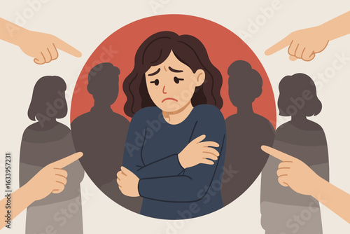 Social anxiety and social phobia concept illustration, overwhelmed woman with fear of social situations, people pointing fingers in background, mental health awareness vector