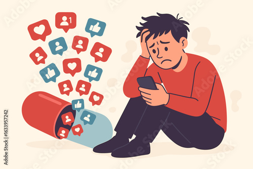 Social media addiction metaphor, mobile phone dependency, notifications as drug pills, mental health impact, digital addiction, loneliness, nomophobia, technology stress, vector illustration concept