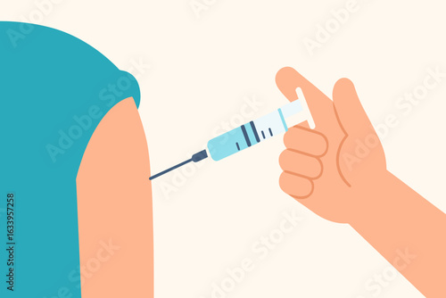 Animated flat design vector of a medical syringe injecting vaccine into arm below shoulder, healthcare vaccination illustration, needle with medicine, immunization concept