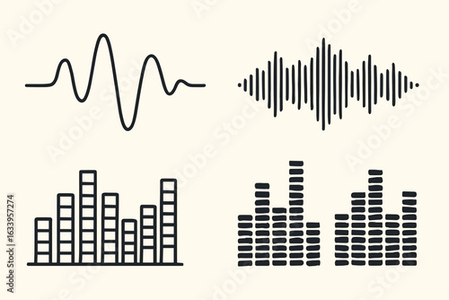 Sound wave and audio vector elements collection with music song EQ levels, simple graphic design, cartoon style, light background, sound visualization, music technology illustration
