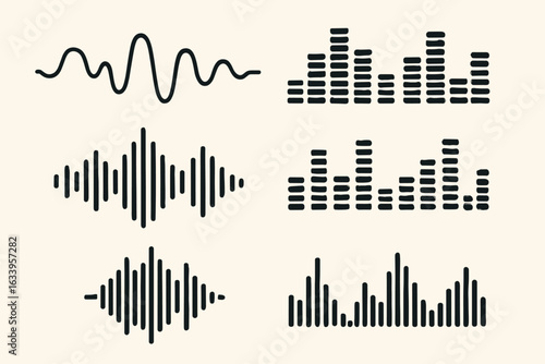 Audio Waveform and Equalizer Set – Vector Music and Sound Signal Icons Collection, Stylized Soundwave, EQ Bar, Frequency Spectrum, Graphic Audio Visual Elements for Music and Podcast Design