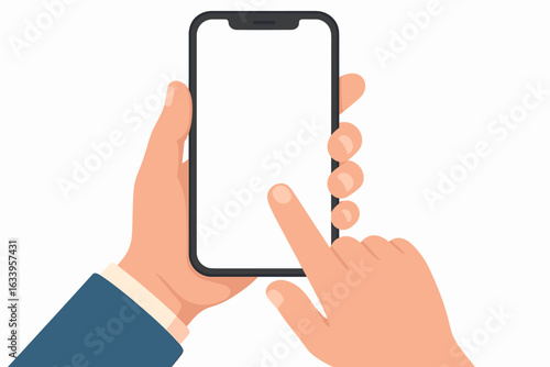 Smartphone in hand vector illustration. Touch screen gesture. Blank mobile mockup for app presentation, UI design, marketing. User interface interaction concept. Modern flat cartoon style isolated.