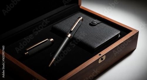 Refined Luxury: An Elegant Pen and Notebook Set Nestled in a Rich Mahogany Box Under a Soft, Moody Light.
