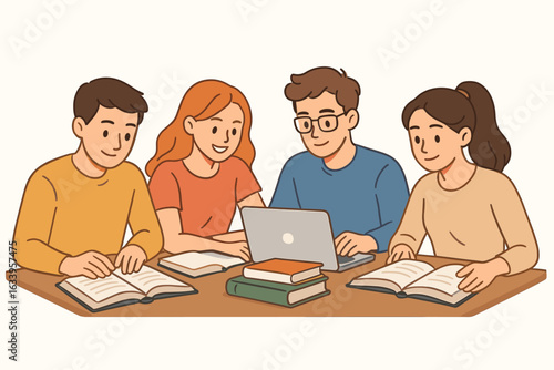 Diverse group of young students studying together with books and laptop, teamwork and collaboration in education, learning and knowledge sharing, classroom or library academic scene illustration