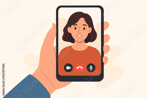 Online video call illustration. Hand holding smartphone with screen showing woman in remote virtual meeting. Digital communication, video chatting app, home office, virtual conversation vector