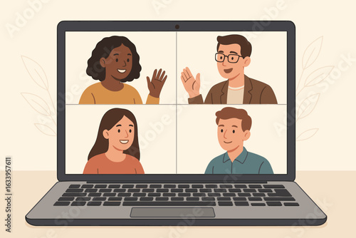 Remote video meeting on laptop screen with diverse people communicating via video chat, virtual conference, online course concept, digital teamwork, remote collaboration, vector illustration