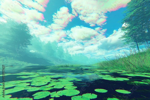 Tranquil, stylized lake scene with vibrant, hazy clouds