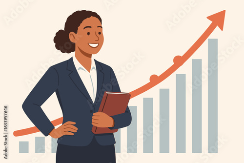 Successful businesswoman standing confidently in front of rising stock market chart, smiling and celebrating profitable return on investments, financial growth and wealth concept