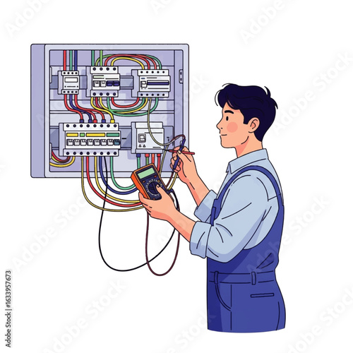 An electrician carefully inspects a circuit breaker panel with a multimeter, troubleshooting electrical wiring.