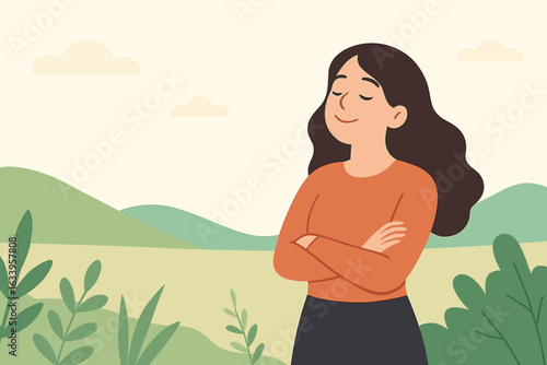 Confident woman standing outdoors in scenic nature landscape, arms crossed, calm, enjoying fresh air, peaceful break, relaxation, mindfulness, wellness, flat design vector illustration