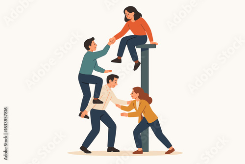 Teamwork and Collaboration Success Concept—Diverse Business People Helping Each Other Overcome Obstacles, Achieve Goals, Cooperative Support, Assistance, Leadership—Flat Vector Illustration