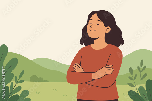 Confident woman enjoying peaceful nature landscape, relaxing with arms crossed, taking deep breath, outdoor wellness break, calm minimalist flat vector illustration, self-care and mindfulness concept