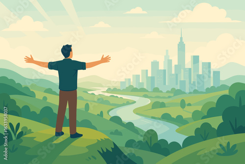 Man embracing future opportunities on hilltop with open arms, overlooking scenic city skyline and winding river, nature landscape, growth motivation, aspiration, inspiration, hope, achievement