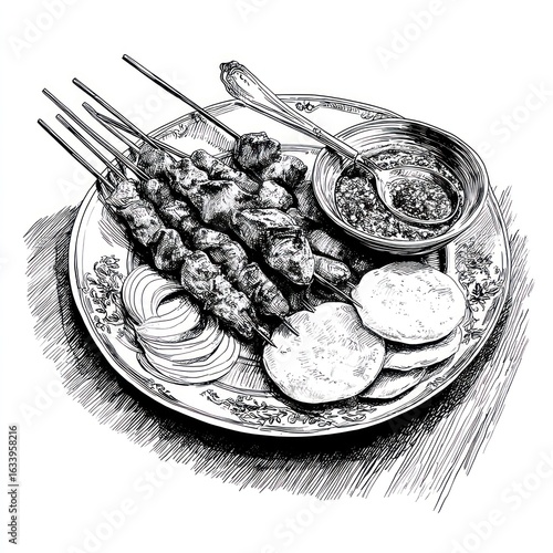 Grilled skewers with sauce and sides on a plate