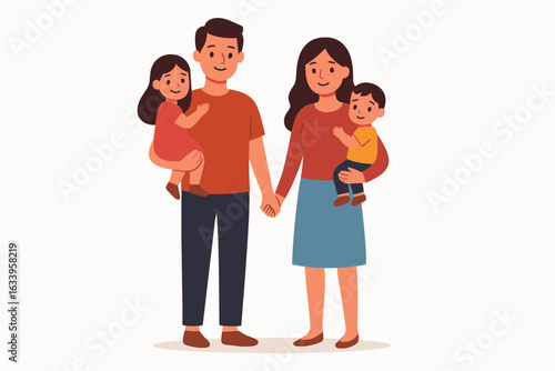 Happy family with two children standing together, father holding daughter, mother holding son, parenthood, love, unity, flat cartoon illustration, parenting, modern lifestyle, togetherness, happy home