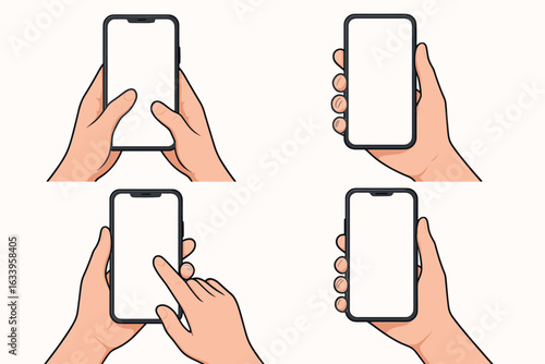 Smartphone hand holding mockup set. Vector illustration of four front view hands using blank screen phones. Human hands touch interact, tap click, hold, grip, operate mobile devices template