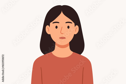 Flat Design Female Avatar Vector, Woman Character in Casual Clothing, Neutral Expression, Long Black Hair, Standing Portrait, Minimalist Illustration for Profile, Social Media, User Interface, Web