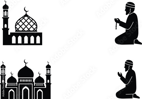Muslim man praying, Islamic mosque silhouette, spiritual worship, prayer beads, Islamic architecture, devotion, religion, masjid, faith, salah, Ramadan