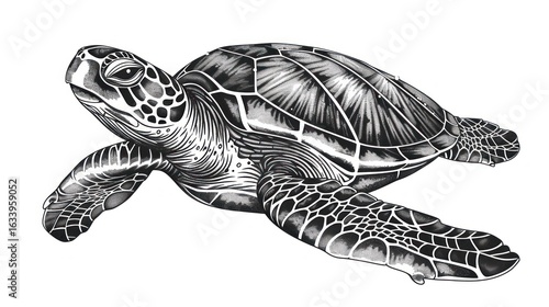 Detailed black and white illustration of a sea turtle.  The turtle is depicted in a  naturalistic pose